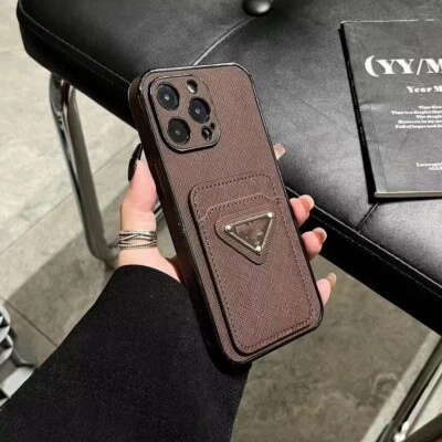 Funda con tarjetero de cuero triángulo de lona de diseño para iPhone 15 14 16 17 Pro Max Foto 1 de 4