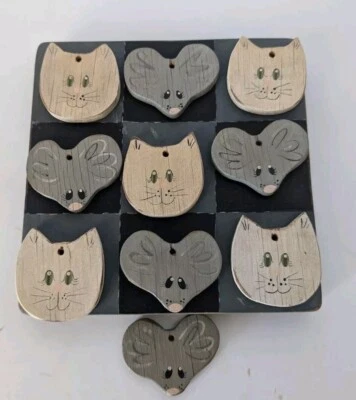 Cat Lovers Wooden Tic Tac Toe Board Game Handmade & Painted Folk Art Decor 6x6" - Image 1 of 4