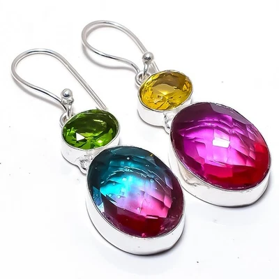Bi-Color Tourmaline, Peridot Gemstone 925 Sterling Silver Jewelry Earring 2.0" - Image 1 of 4