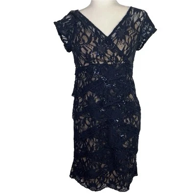 Scarlett 女式黑色 Midi 连衣裙米色黑色蕾丝亮片覆盖 8 码 — 第 1/4 张图片