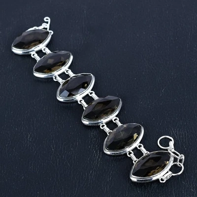 Bracciale con pietre preziose in argento sterling 925 quarzo fumé fatto a... - Immagine 1 di 4