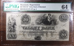 1855-56 $20 Valley Bank Of Maryland Hagerstown PMG UNC 64 Pinholes - Picture 1 of 2