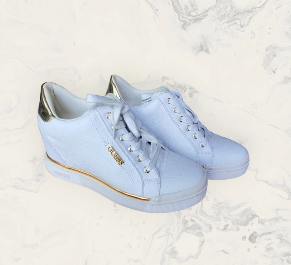 GUESS Los Angeles Women’s Wedge Sneakers Shoes Sz 8 White w/Gold  - Image 1 of 4
