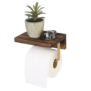 MyGift Dark Brown Wood and Brass Metal Bath Wall Toilet Paper Holder with Shelf