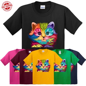 Multicolor Cat Face Kids Funny T-Shirt Cute Animal Lover New American Gift Tee - Picture 1 of 14