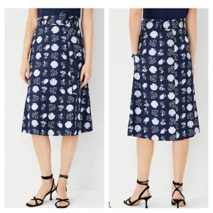 Ann Taylor NEW Navy Blue Shell Tile Linen Blend Paperbag Skirt Women’s Size 14 - Picture 1 of 8