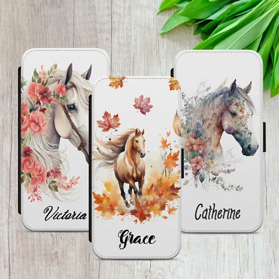 PERSONALISED HORSE FLIP CASE FOR IPHONE SAMSUNG HUAWEI FLORAL WALLET PHONE COVER - Image 1 of 4