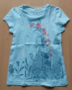 🌻134/140 Mädchen Shirt,  Hellblau, Pferd, Blumen, Kids, 🐴🌸