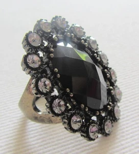 Vintage Large Statement Flower Ring, Silver, Diamante & Black Glass Gem Stone GC - Picture 1 of 7