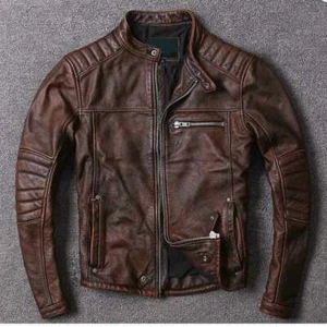 Chaqueta de Cuero Real Envejecida Marrón Marrón En Motociclista Vintage Cafe Racer para Hombre - Imagen 1 de 3