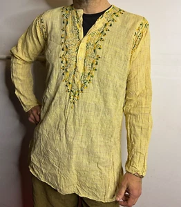 Vintage 1980s Bangladeshi Embroidered Mens Long Sleeve Batik Shirt Cotton L - Picture 1 of 13