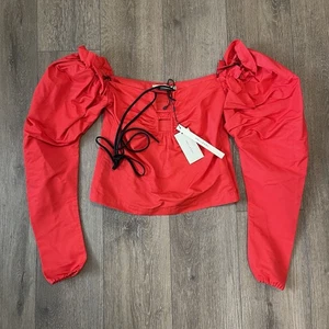 Hellessy schulterfreies langes bauchfreies Oberteil mit Luftpolsterärmeln Mohnrot Damen 2 - Bild 1 von 1