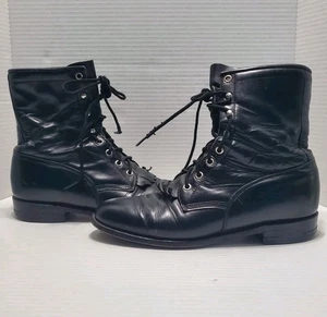 Justin Black Leather Hiram Kiddie Kiltie Lace Up Roper Western Boots Size 9B - Picture 1 of 10