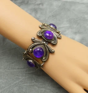 AF Taxco Sterling Silver Bracelet Mexico Purple Amethyst Art Deco 50 Grams 515h - Picture 1 of 12