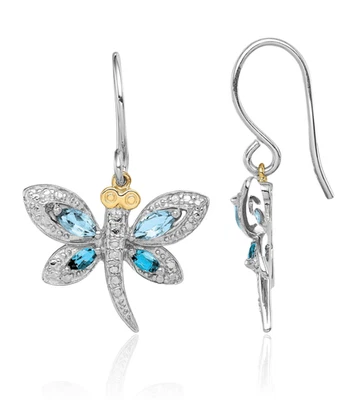 925 Sterling Silver Blue Topaz London Diamond Dragonfly Dangle Earrings - Image 1 of 4