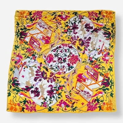 "Bufanda cuadrada marrón Lucille seda 39"" amarillo ciervo oriental floral asiática mujer" Foto 1 de 4