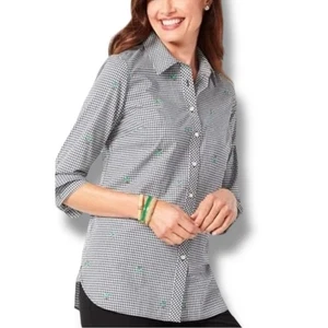 TALBOTS donna taglia media nero bianco gingham con ghirlanda natalizia abbottonata - Foto 1 di 12