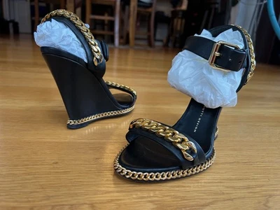 GIUSEPPE ZANOTTI Black Leather Vintage Chain-Link Sandals Size 8 IT 38 Good &Bag - Image 1 of 4