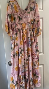 NWT Anthropologie Me 2 Magic Floral Tiered Metallic Maxi Dress Flutter Pink L - Picture 1 of 8