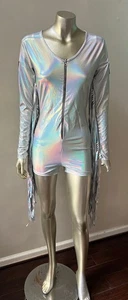 Holographic Metallic Silver Fringe Short party Jumpsuit M - Picture 1 of 4