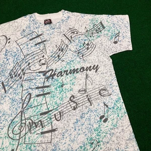 Vintage Fruit Of The Loom Shirt Mens M White Blue Harmony All Over Print AOP 90s - Picture 1 of 10