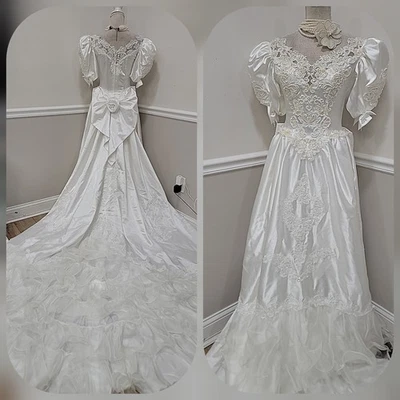 VTG '80s Illustra Bridal Princes Wedding Dress/Sweetheart Neckline/Puffs Sleeves - Image 1 of 4