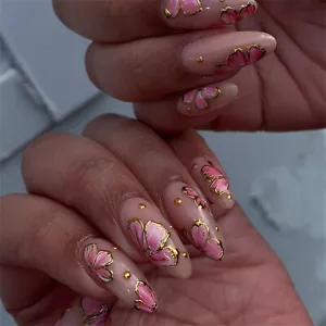 Short Almond Press-On Fake Nail Elegant Flowers Glossy French Manicure 24pcs - Picture 1 of 7