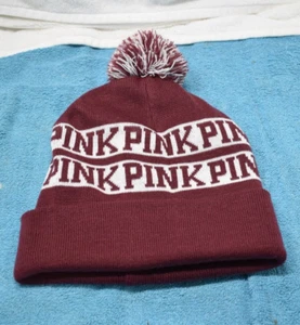 Victoria Secret PINK Hat Burgundy White Pom Pom Logo Winter Cap Beanie - Picture 1 of 3