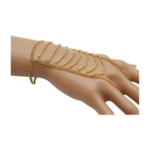 Women Gold Metal Hand Chain Bracelet Multi Wave Connected Ring Bling Wristwear - Picture 1 of 11