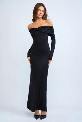 Vestido maxi preto fora do ombro | Vestido de coquetel preto fora do ombro - Imagem 1 de 4