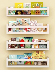 Set of 4 Wall-Mounted Kid'S Bookshelf - White Floating Nursery Book Shelves - Du - Picture 1 of 12