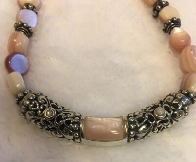 Estate Sale Sterling Silver Soothing Rose Quartz Crystal Necklace Bali Style — 第 1/4 张图片