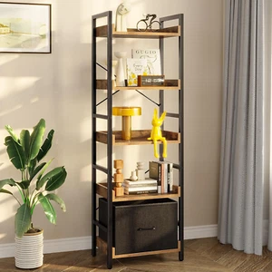 Bookshelf 5 Tier with Removable Drawer, Tall Narrow Bookcase, Industrial Wooden - Picture 1 of 6