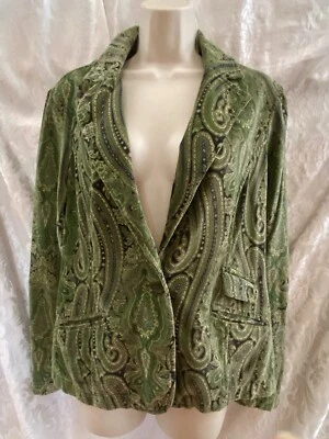 BLAZER CARIBBEAN JOE para mujer de un solo botón ~ talla 12 ~ terciopelo ALGODÓN verde PAISLEY Foto 1 de 4