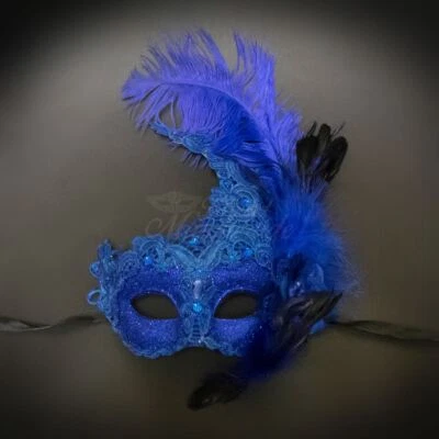 Blue Feather Masquerade Mask Prom Masquerade Ball Wedding Royal Blue - Image 1 of 4