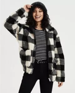 American Eagle Jacket Coat Buffalo Plaid Sherpa Fuzzy Black Ivory Size Large L - Picture 1 of 9