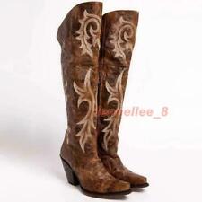 Women's Pointy Toe Block Heels Knee High Boots Embroidery Western Cowboy Shoes
