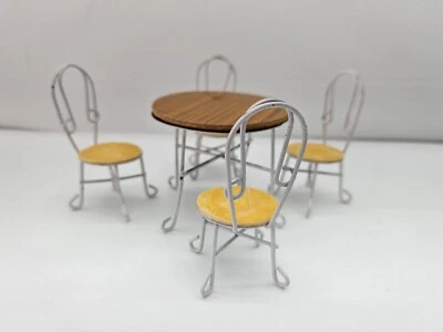 Vintage Dollhouse Miniature Furniture Table And 4 Metal Chairs See Details  - Image 1 of 4