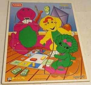 Rompecabezas de madera vintage Playskool Barney jugando un juego Baby Bop #328-16 8 piezas 1994 - Imagen 1 de 9