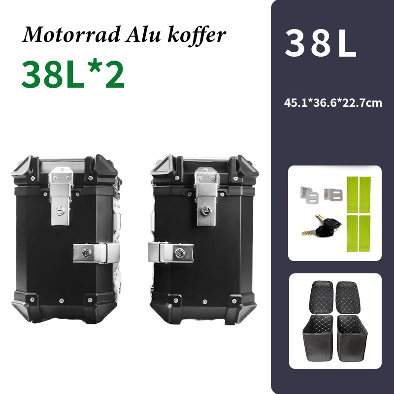 2X Motorrad Alukoffer Aluminium Alloy Seitenkoffer 38 Liter+38L Schwarz 100% NEU - Bild 1 von 4