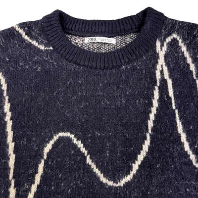 Zara Sweater Men's Large Black Geometric Crew Neck Knit Acrylic Polyester Blend - Image 1 of 4