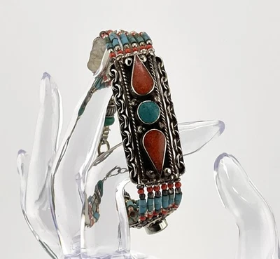 NEPAL - TIBETANO HECHO A MANO Coral, Turquesa Pulsera Plata Tibetana 7.50”  Foto 1 de 4