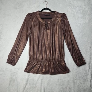 Jones New York Shimmering Rich Brown Skirted Blouse Long Puff Balloon Slv Sz L - Picture 1 of 16