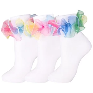 Women's Big Ruffle Socks Double Lace Turn Cuff Size 9-11 Stylish Cute - Picture 1 of 2