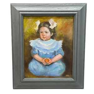 Original oil on panel painting Small Child Girl Holding Fruit Apple Peach Framed - Picture 1 of 11