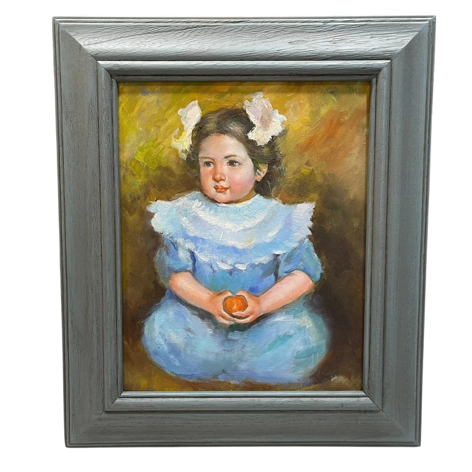 Original oil on panel painting Small Child Girl Holding Fruit Apple Peach Framed - Image 1 of 4