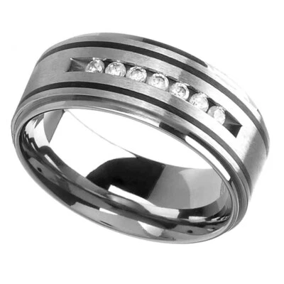 9mm Titanium Round Cubic Zirconia Step Edge Black Strip Men's Wedding Band - Image 1 of 4