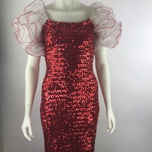 LÍNEA DE FIESTA Vtg Red Sequin Puff Sleeve Wiggle Slit Midi Carmen Miranda 80s Vestido - Imagen 1 de 12