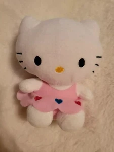6" Hello Kitty Plush by Sanrio 2018 Pink and Blue Hearts on dress Used Fast Ship - Picture 1 of 10
