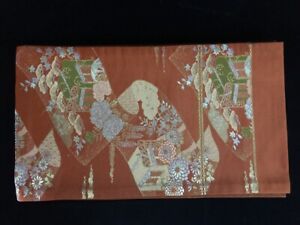 Q1139 Japoński Vintage Kimono Fukuro Obi Pasek Taśma Damska Tkanina Jedwab